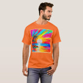 ヤシの木とサンセットグロー絵を描ズ Tシャツ (正面フル)