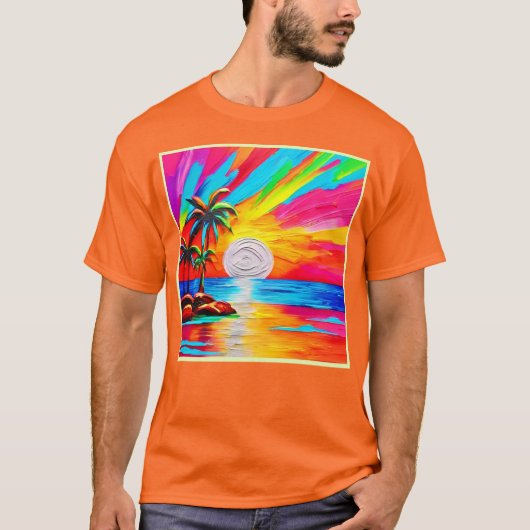 ヤシの木とサンセットグロー絵を描ズ Tシャツ (正面)