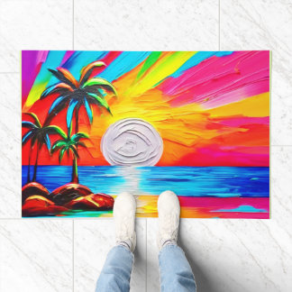 ヤシの木とサンセットグロー絵画 ドアマット