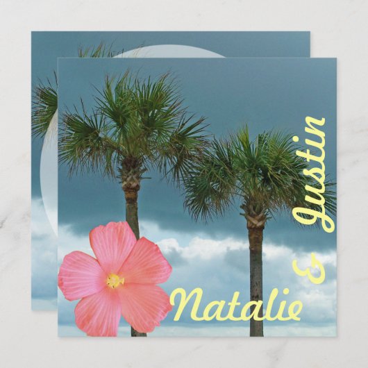 ヤシの木とハイビスカスのトロピカル保存日 セーブザデート (正面/裏面)