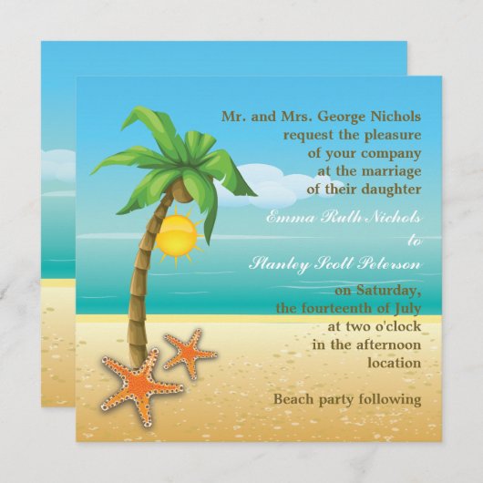 ヤシの木とヒトデのビーチサマー結婚ズ 招待状 (正面/裏面)