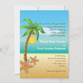 ヤシの木とヒトデのビーチ先の結婚式 招待状 (正面)