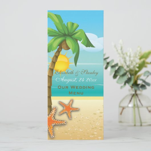 ヤシの木とヒトデのビーチ結婚式メニューカード メニュー (スタンド正面)