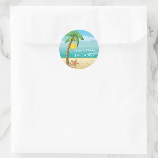 ヤシの木とヒトデのビーチ結婚式日付を保存 ラウンドシール (バッグ)