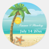 ヤシの木とヒトデのビーチ結婚式日付を保存 ラウンドシール (正面)