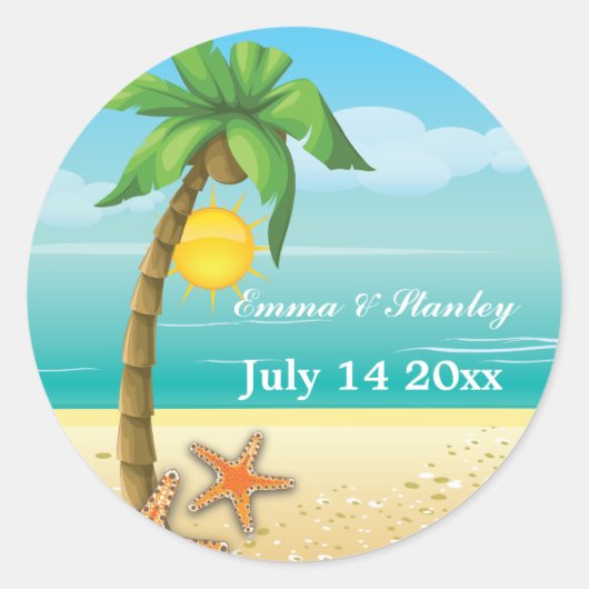 ヤシの木とヒトデのビーチ結婚式日付を保存 ラウンドシール (正面)