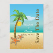 ヤシの木とヒトデのビーチ結婚式日付を保存 案内ポストカード (正面)
