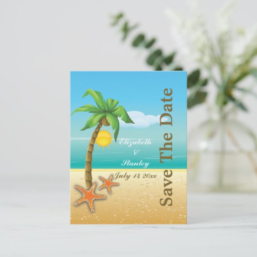 ヤシの木とヒトデのビーチ結婚式日付を保存 案内ポストカード (スタンド正面)