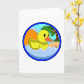 ヤシの木とビーチでアヒル.PNG カード (黄色い花)