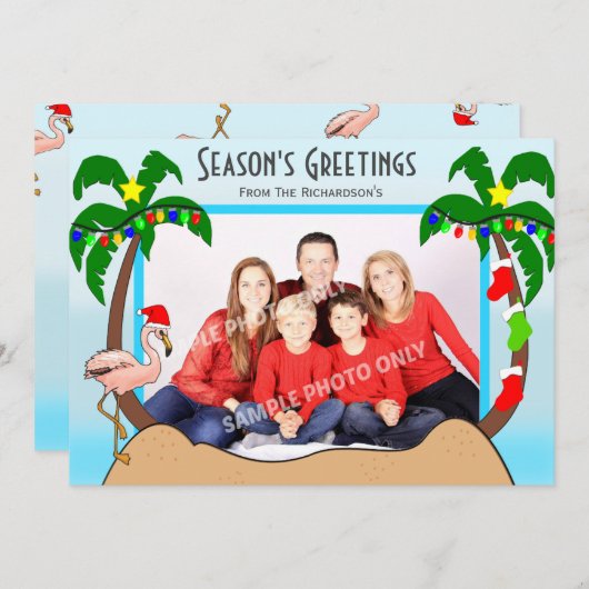 ヤシの木とフラミンゴス熱帯クリスマス写真 シーズンカード (正面/裏面)