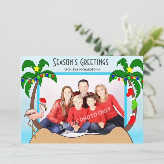 ヤシの木とフラミンゴス熱帯クリスマス写真 シーズンカード (スタンド正面)