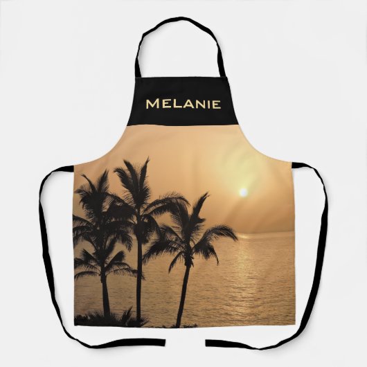 ヤシの木とロマンチックな夕日パーソナライズされた エプロン (正面)