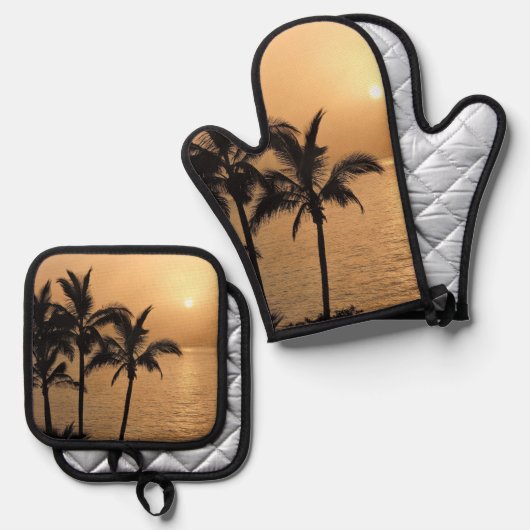 ヤシの木とロマンチックな夕日 鍋つかみ&鍋敷きセット (正面/裏面)