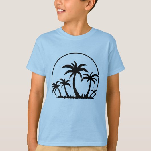 ヤシの木と夕日が黒 Tシャツ (正面)