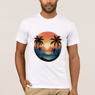 ヤシの木と山のあるトロピカルサンセットの風景 Tシャツ