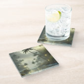 ヤシの木と海の霧の日 ガラスコースター (アングル)