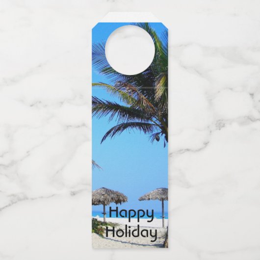 ヤシの木と海ビューを持つサンディビーチ ボトルネックタグ (正面)