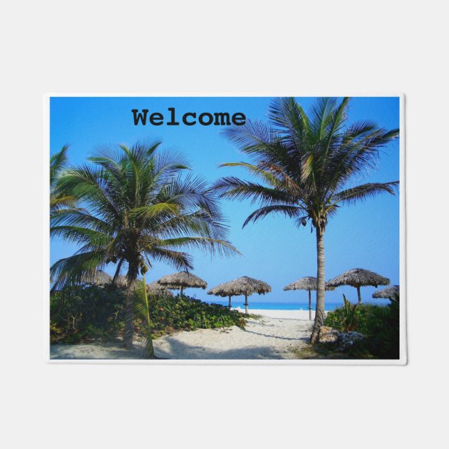 ヤシの木と海ビュードアを備えたサンディビーチ ドアマット (正面)