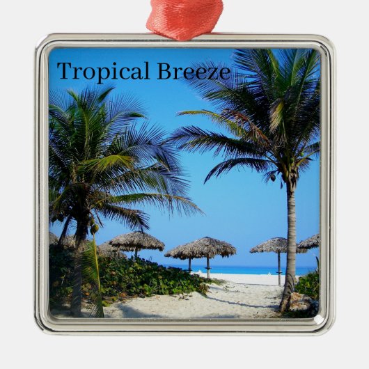 ヤシの木と海ビューメタを持つサンディビーチ メタルオーナメント (正面)