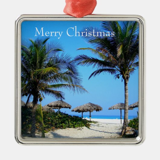 ヤシの木と海ビューメタを持つサンディビーチ メタルオーナメント (正面)
