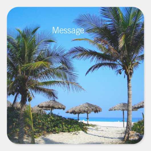 ヤシの木と海ビュー楕円を持つサンディビーチ スクエアシール (正面)