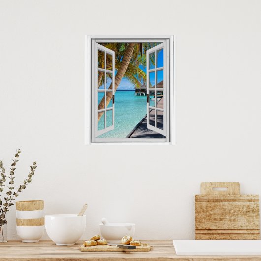 ヤシの木と海表示ウィフェイクンドウ ポスター (キッチン)