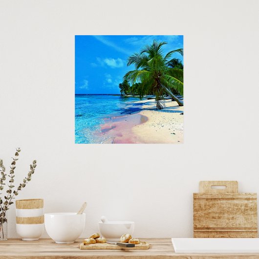 ヤシの木と砂のビーチを持つ熱帯島 ポスター (キッチン)
