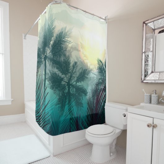 ヤシの木と葉を持つ熱帯ジャングル風景 シャワーカーテン (インサイチュ)