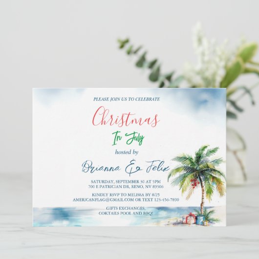 ヤシの木と7月の現在のクリスマス 招待状 (スタンド正面)