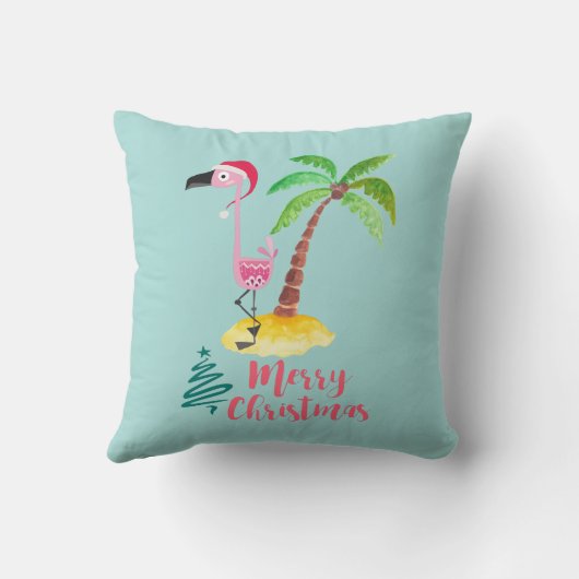 ヤシの木に挟まれたサンタハットのピンクのフラミンゴ クッション (裏面)