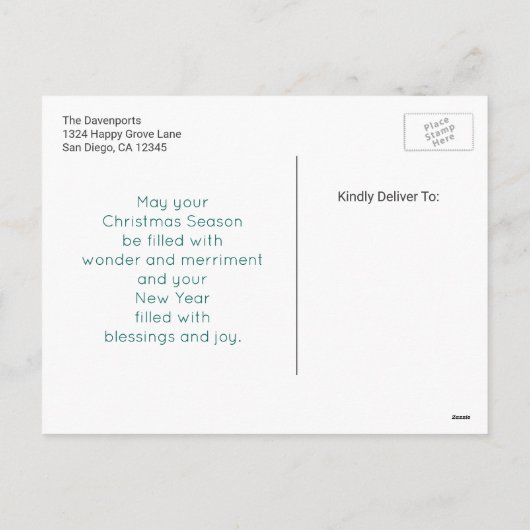 ヤシの木に挟まれたサンタハットのピンクのフラミンゴ シーズンポストカード (裏面)