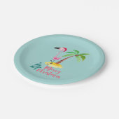 ヤシの木に挟まれたサンタハットのピンクのフラミンゴ ペーパープレート (アングル)