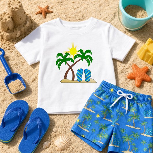 ヤシの木のあるかわいいビーチの赤ちゃん ベビーTシャツ