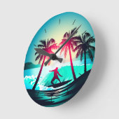 ヤシの木のあるサーフィン ラウンド壁時計 (傾斜)