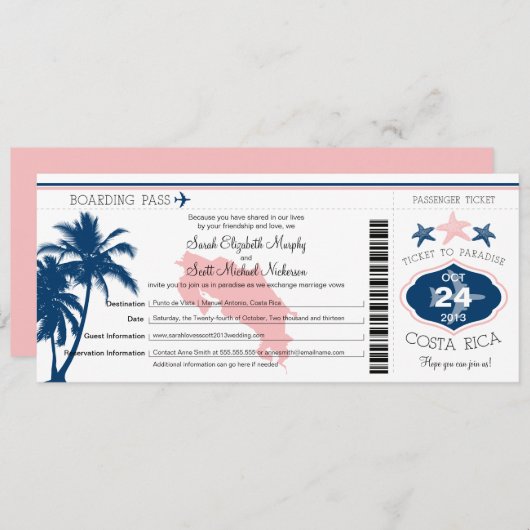 ヤシの木のコスタリカの搭乗券の結婚式 招待状 (正面/裏面)