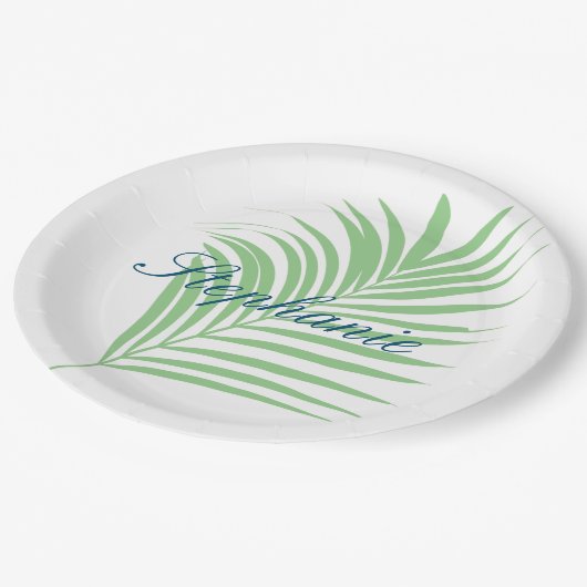 ヤシの木のセージグリーンの水彩画は名前を去ります ペーパープレート (アングル)