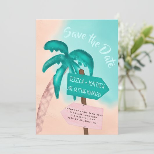 ヤシの木のビーチの矢印の青い熱帯熱帯の日付を保存 セーブザデート (スタンド正面)