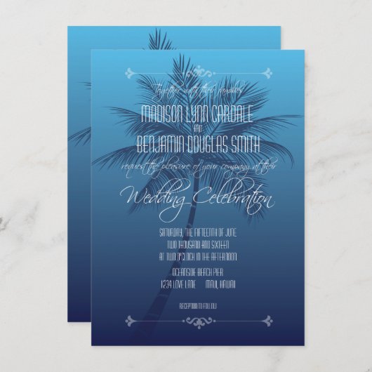 ヤシの木のビーチの行先の結婚式招待状 招待状 (正面/裏面)