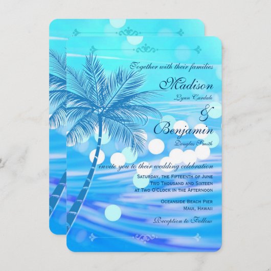 ヤシの木のビーチの行先の結婚式招待状 招待状 (正面/裏面)