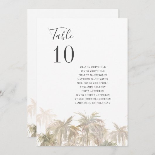 ヤシの木のビーチ結婚式表の番号 招待状 (正面/裏面)