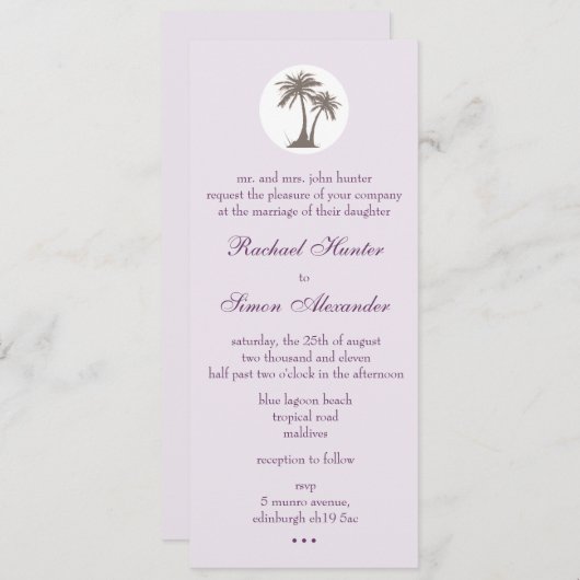 ヤシの木のビーチ結婚式Invitiation -細くして下さい 招待状 (正面/裏面)