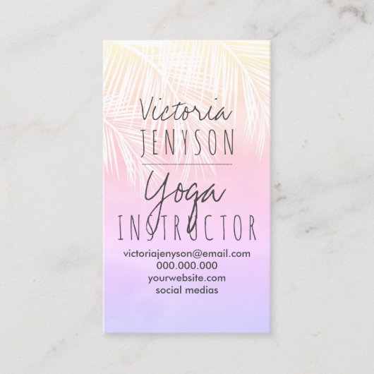 ヤシの木のピンクの黄色の水彩画の日没のヨガ 名刺 (正面)