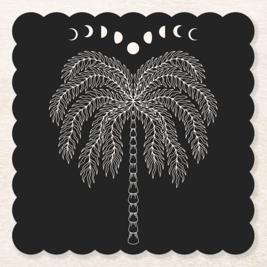 ヤシの木のラインスケッチ白い黒い月のフェーズは ペーパーコースター (正面)