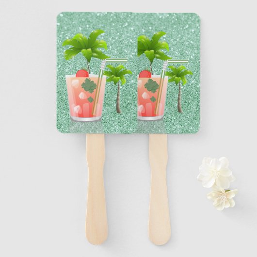 ヤシの木の下の夏のカクテル ハンドファン (正面&裏面)