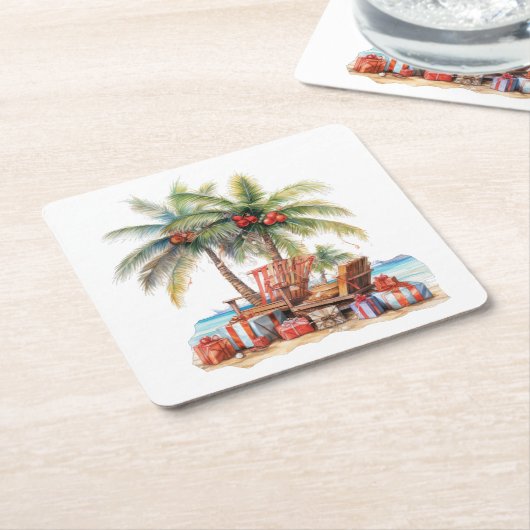 ヤシの木の下の贈り物 スクエアペーパーコースター (アングル)