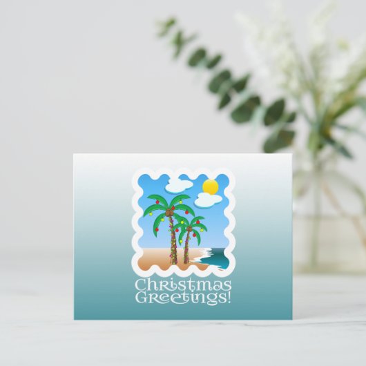 ヤシの木の休日ライトビーチのクリスマス シーズンポストカード (スタンド正面)