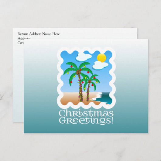 ヤシの木の休日ライトビーチのクリスマス シーズンポストカード (正面/裏面)
