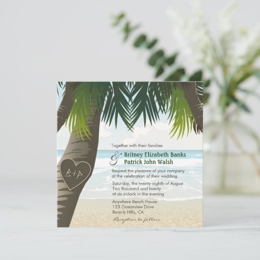 ヤシの木の切り分けられたイニシャルの結婚式招待状 招待状 (スタンド正面)