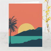 ヤシの木の夕焼け、島、ボヘミアン抽象芸術 カード (黄色い花)