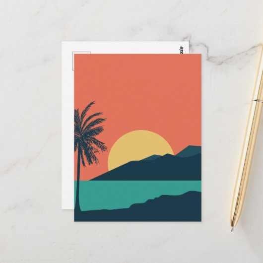 ヤシの木の夕焼け、島、ボヘミアン抽象芸術 ポストカード (正面/裏面インサイチュ)